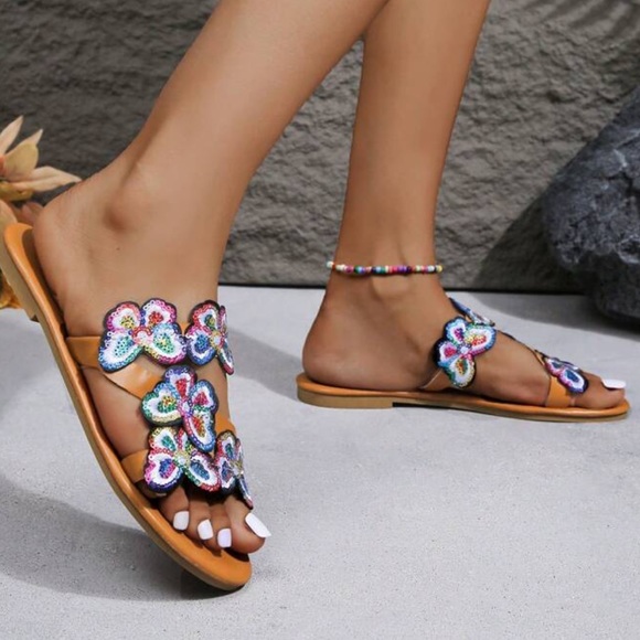 Colorful Rainbow Sequin Embroidery Butterfly Sandals - Picture 2 of 5